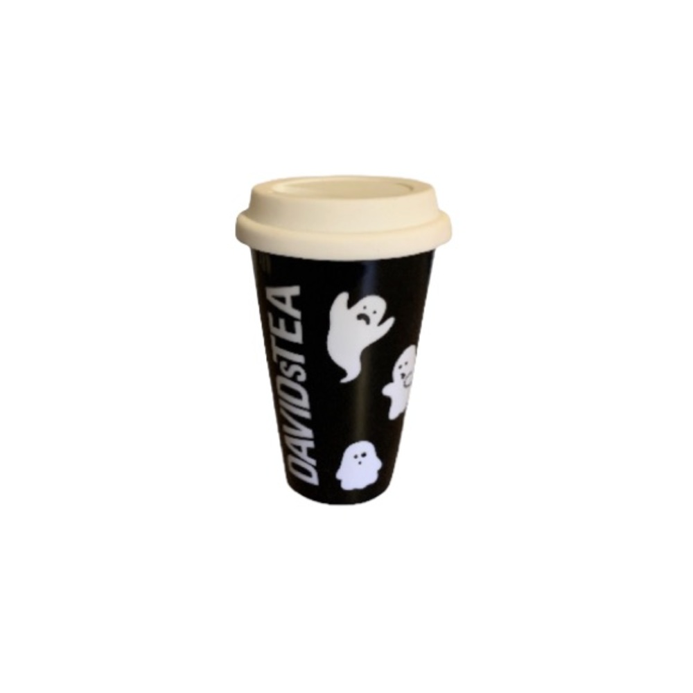 🆕 David’s Tea Black and White Ghost Print Ceramic Cup with White Silicon…
